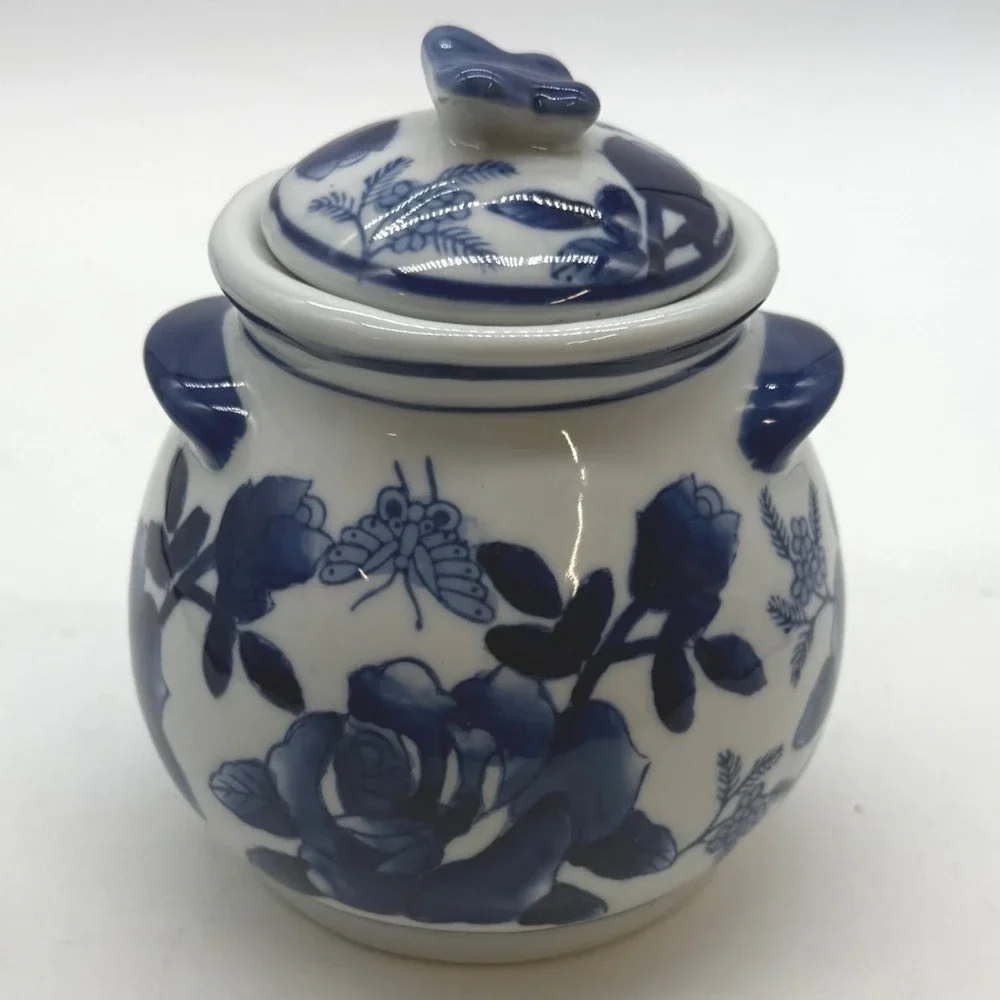 Vintage Blue and White Porcelain Ginger Jar Lidded Rose Butterfly Chinoiserie